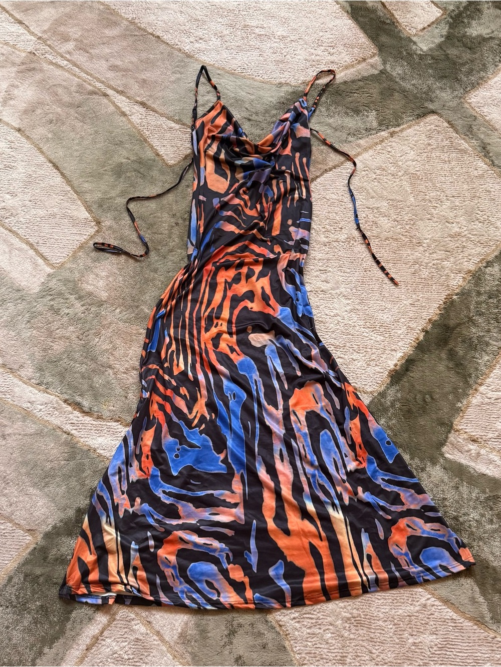 Abstract Blue and Orange Cowl-Neck Maxi Slip Dress